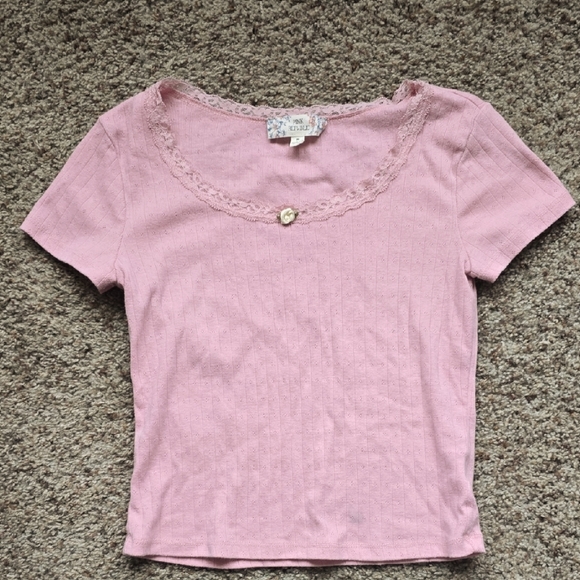 Pink Republic Lacy Soft Pink Lace T Shirt with Cute Cream Rosette - Picture 1 of 4
